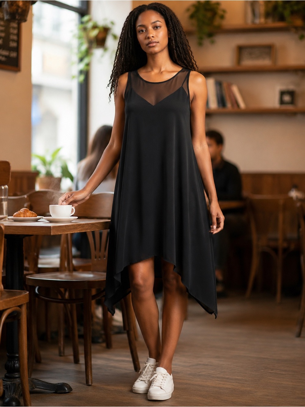 Madewell Dress Womens XS Black Silk Sheer Yoke Swing Asymmetric Hem Lined